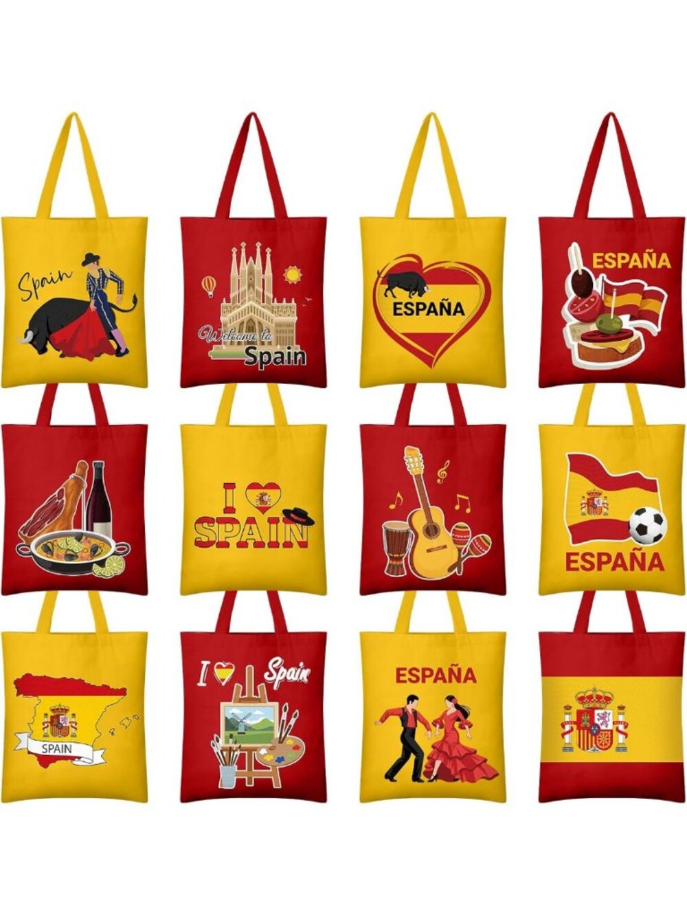 12 Pcs Spain Flag Canvas Tote Bags - Reusable Party Favors for Women & Girls